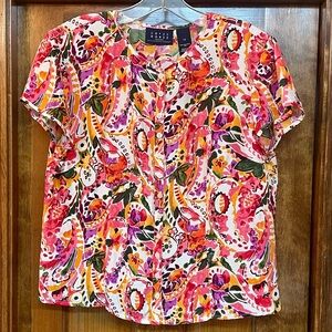 Silk Blouse Button Front Cap Sleeves‎ Abstract Paisley Sz 12 EUC Crazy Horse